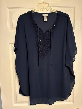 Catherines Navy Lace-Up Crochet V-Neck Tunic